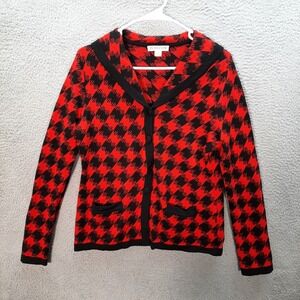 Pendleton Sweater Womens Medium Red Black Plaid Cardigan 100% Merino Wool Preppy